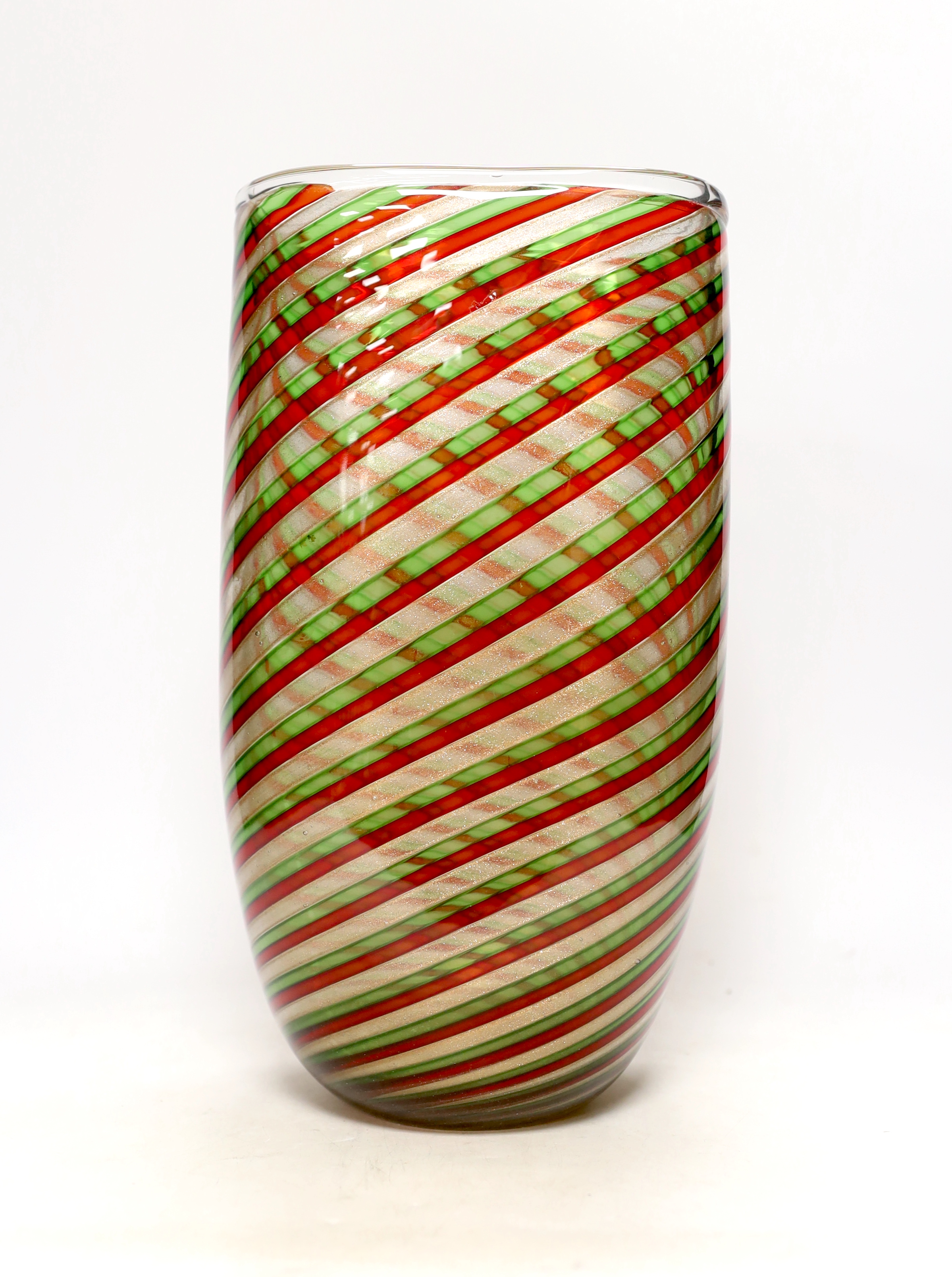 A large Formia, Murano red, green and aventurine ‘a canne’ glass vase, engraved mark, 33cm